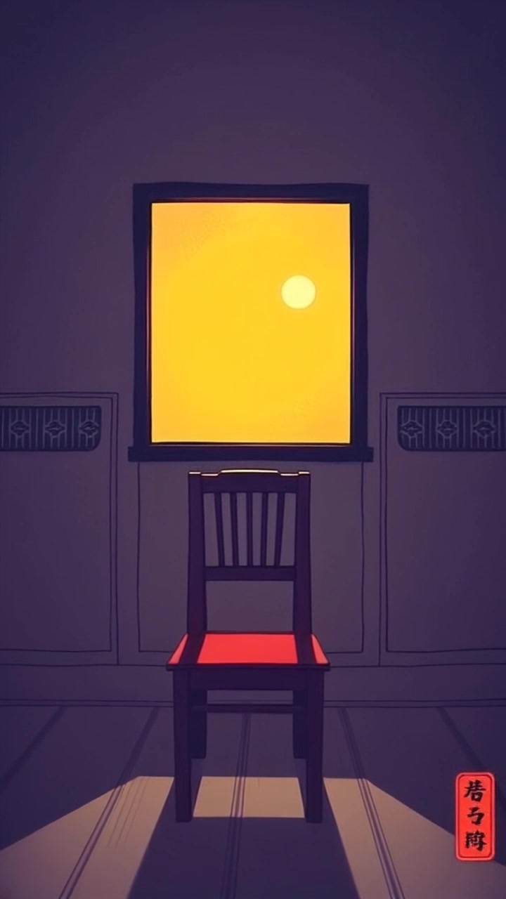 Scene: A quiet, dimly lit room featuring an empty chair positioned thoughtfully before a single window, allowing soft light to filter through. Style: Moody, low-light atmosphere creating a sense of introspection and solitude. Motion: The camera gently glides towards the window, capturing the subtle play of shadows and light as it transitions from the chair to the view beyond.