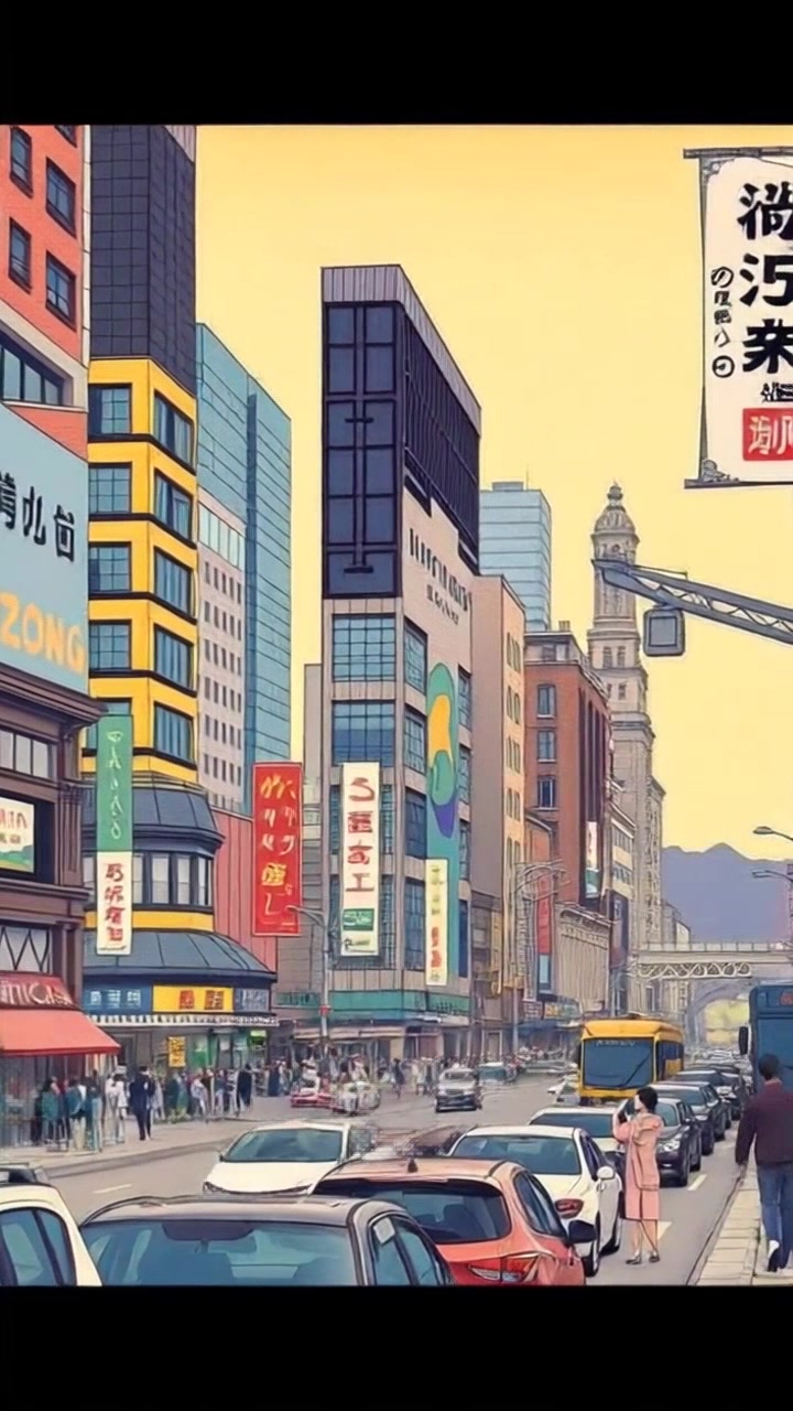 Scene: A bustling metropolis alive with activity, showcasing tall buildings and busy streets filled with cars and pedestrians. Style: Bright daylight with reflections from glass facades giving a vibrant urban feel. Motion: The camera sweeps through the cityscape, gliding along the streets, capturing the ebb and flow of people and traffic as it moves dynamically past towering skyscrapers.