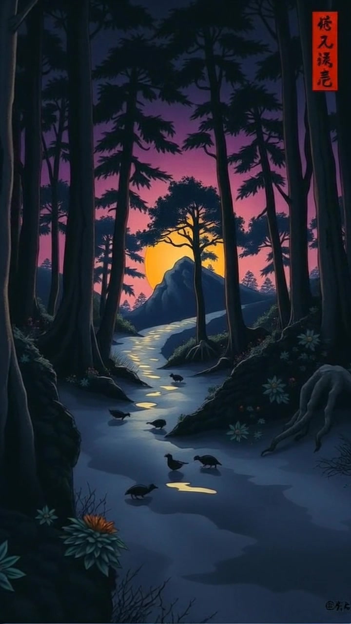 Scene: A dark, dense forest at night, with eerie shadows dancing among the twisted trees. A small glowing light flickers mysteriously in the distance, drawing the viewer’s gaze. Style: Low, moody lighting enhances the ominous atmosphere, creating tension and intrigue. Motion: The camera slowly glides through the forest, weaving in and out of the trees toward the glowing light, capturing the rustling leaves and the silence of the night.