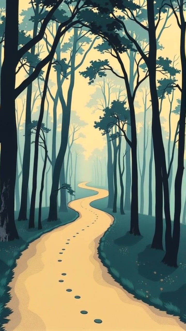 Scene: A winding path through a quiet forest, with tall trees lining either side, their leaves whispering in a gentle breeze. Style: Dappled sunlight filtering through the foliage creates a feeling of serenity and warmth. Motion: The camera slowly glides along the path, capturing the lush greenery and inviting shadows that dance across the ground, inviting exploration into the journey ahead.