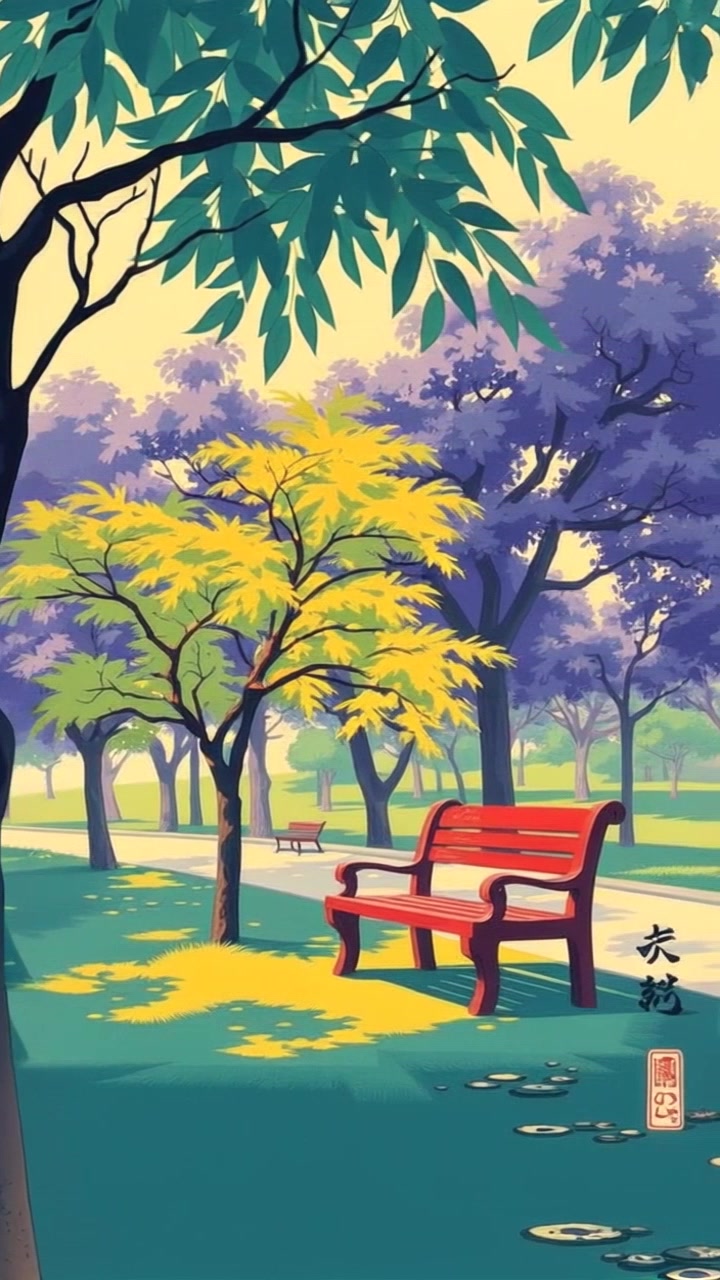 Scene: A serene park featuring lush trees and a solitary bench, with sunlight filtering through the leaves, creating a calm and inviting atmosphere. Style: Soft, warm lighting enhances the tranquility of the scene, highlighting the gentle play of light and shadow. Motion: The camera glides smoothly along the path, providing a gentle tracking shot that invites viewers to explore the peaceful surroundings.