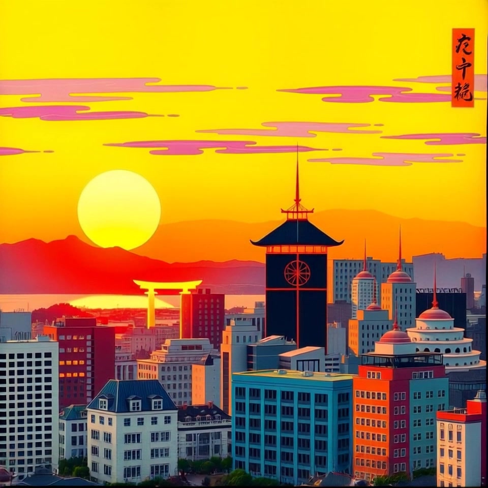 Scene: A breathtaking sunrise illuminating a sprawling city skyline, symbolizing hope and new possibilities. Style: Soft, warm hues of orange and pink bathing the buildings in gentle light. Motion: The camera begins with a wide aerial view of the skyline as the sun rises slowly, rays spreading across the horizon, before sweeping down to reveal the vibrant life beginning to stir in the streets below.