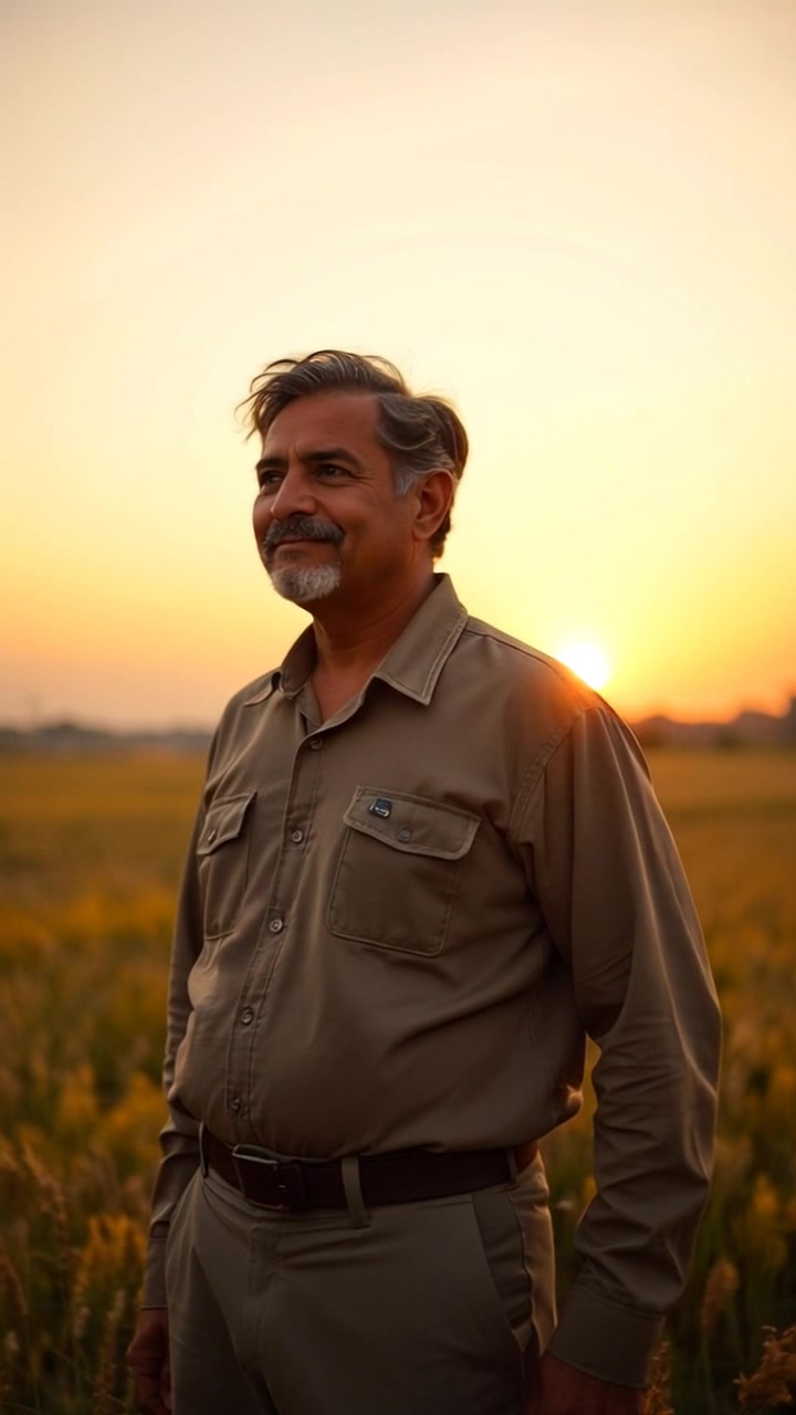 Subject: A person gazing thoughtfully at the horizon. Subject movement: The person remains still, a slight smile playing on their lips. Scene: A tranquil field bathed in soft, warm light during sunset, with the sky painted in hues of orange and pink. Motion: The camera begins with a gentle push in towards the figure, capturing the serene expression against the vibrant sky, while the surrounding grass sways lightly in the breeze.