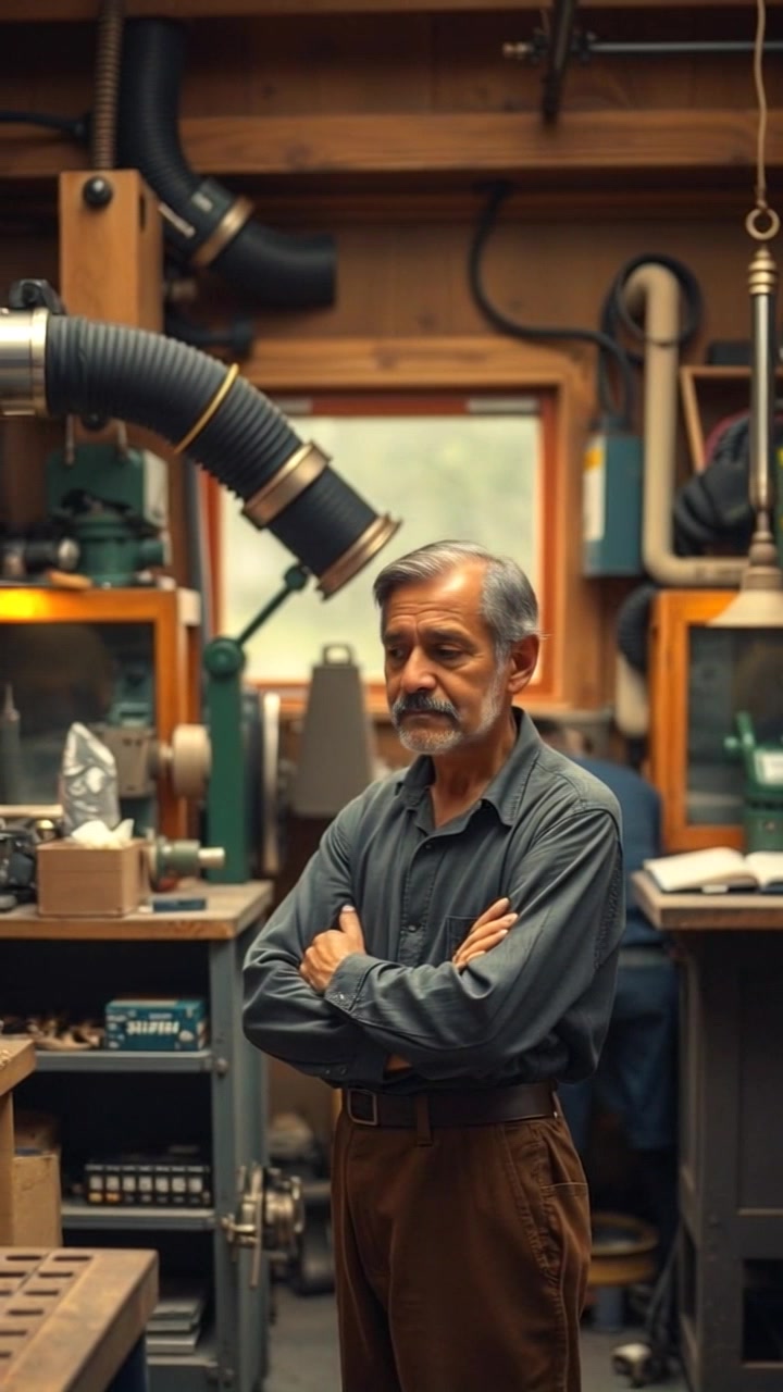 Scene: A skilled individual in a workshop, examining complex machinery amidst an array of tools and equipment. Lighting: Soft ambient light enhancing the metallic textures and scattered workbench items. Motion: The camera performs a gentle push-in towards the subject, capturing the focused expression while the sounds of machinery humming in the background add to the immersive atmosphere.