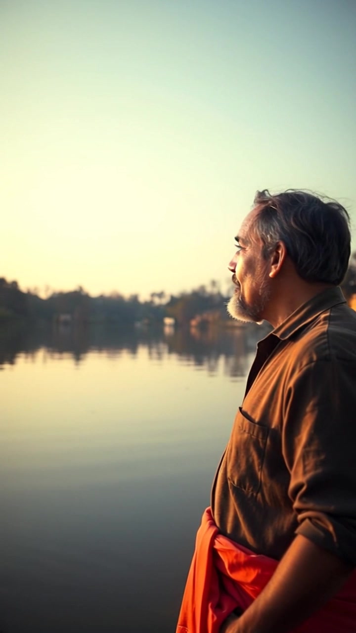 Subject: A person standing at the edge of a calm lake. Subject movement: The individual shifts slightly as they gaze thoughtfully at the water, creating subtle ripples on the surface. Scene: Tranquil lakeside setting surrounded by lush greenery, with distant mountains reflecting in the water. Style: Soft, diffused light of early morning with a serene atmosphere. Motion: Camera slowly pushes in on the figure, capturing their contemplative expression while the gentle breeze rustles the leaves nearby.