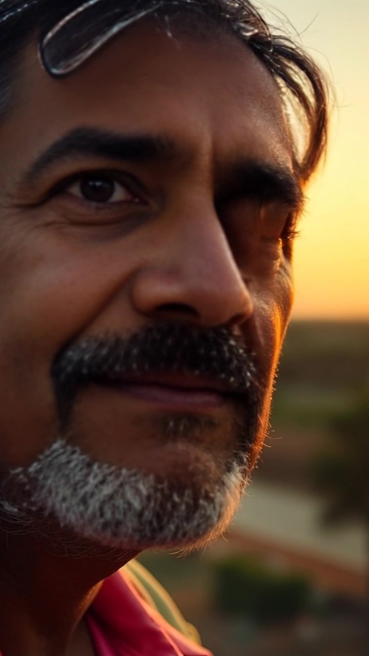 Subject: A hopeful individual gazing towards the horizon. Subject movement: The individual turns their head slightly as if contemplating the future. Scene: A close-up of a person's face against a backdrop of a vibrant sunset that paints the sky in warm hues. Style: The rich, golden light of the setting sun creates a radiant glow around the subject's features, enhancing the mood of optimism. Motion: The camera slowly pushes in on the subject's face, allowing the viewer to connect with their emotions and intentions as the landscape transforms softly in the background.