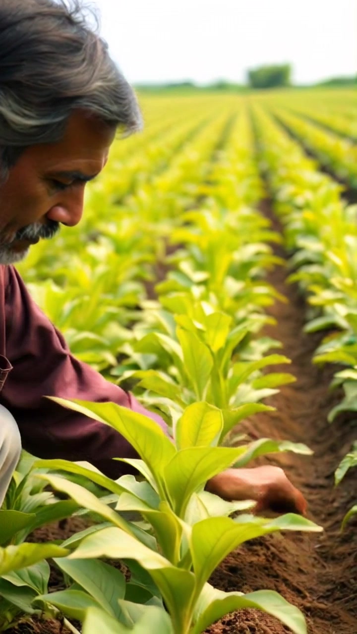 Subject: A diligent farmer tending to his crops. Subject movement: Raj bends down, gently pulling weeds from the rich, dark soil, his hands skillfully maneuvering among the plants. Scene: Lush green field surrounded by rows of vibrant crops under a clear blue sky. Style: Bright, midday sunlight illuminating the vibrant greens of the plants and the earthy tones of the soil. Motion: The camera captures a smooth, handheld tracking shot as it moves in closer, focusing on Raj's hands as they work through the soil, then slowly pulling back to reveal the expansive field.