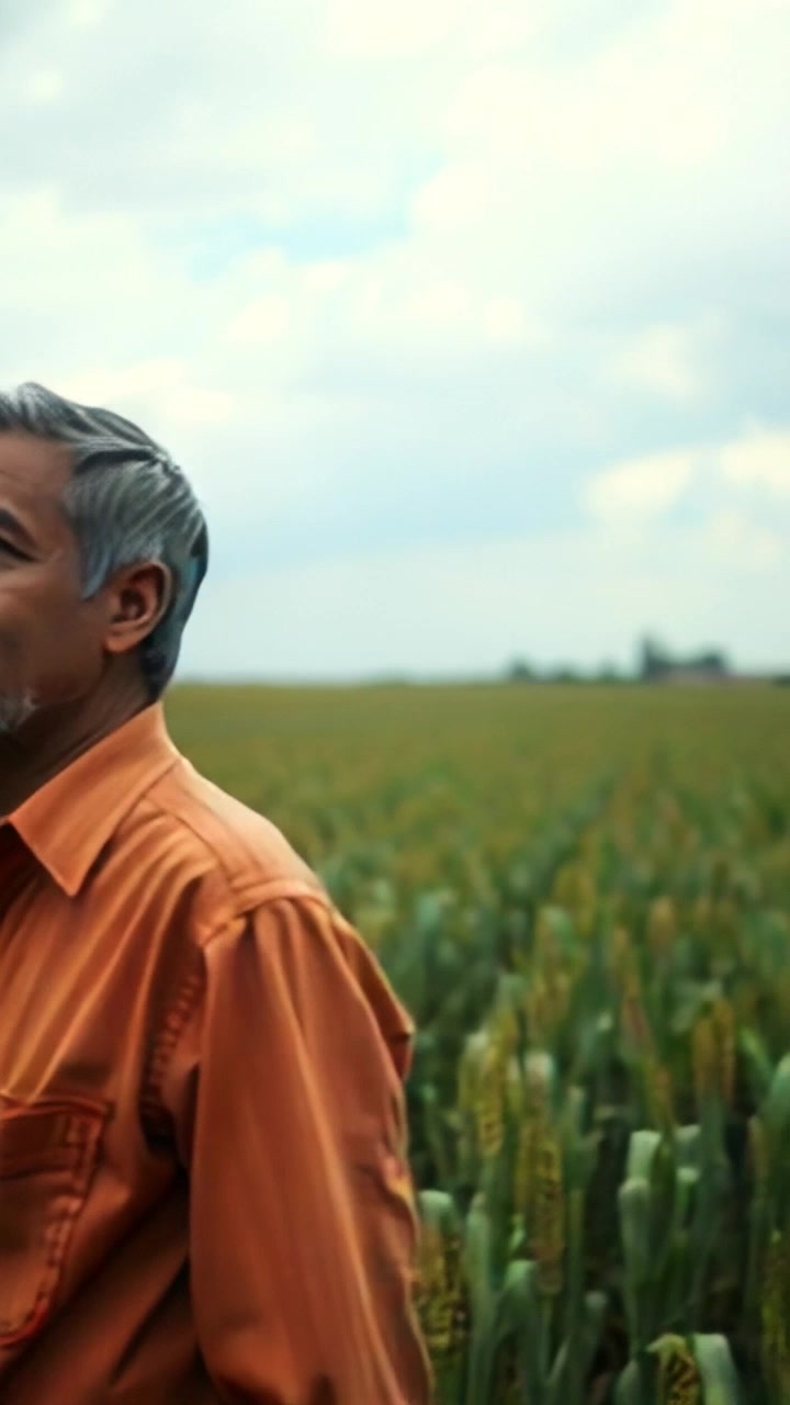 Subject: A person standing in a field of crops, looking thoughtfully at the sky. Subject Movement: The figure shifts slightly, adjusting their stance to take in the vastness above. Scene: A lush field of crops under a bright blue sky, with fluffy clouds drifting lazily. Style: Sunlit atmosphere with warm golden rays illuminating the green stalks. Motion: Camera begins with a close-up of the person's contemplative expression and then slowly pans out, capturing the expansive field and the vibrant sky.