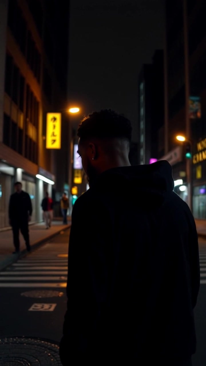 Subject: A figure walking away. Subject movement: The figure slowly retreats into the shadowy street, gradually fading into the darkness. Scene: A dimly lit street at night, with soft streetlights casting faint pools of light on the pavement. Style: Moody lighting with deep shadows, creating a sense of mystery and intrigue. Motion: Camera follows with a subtle tracking shot, maintaining focus on the figure as they navigate deeper into the obscurity.