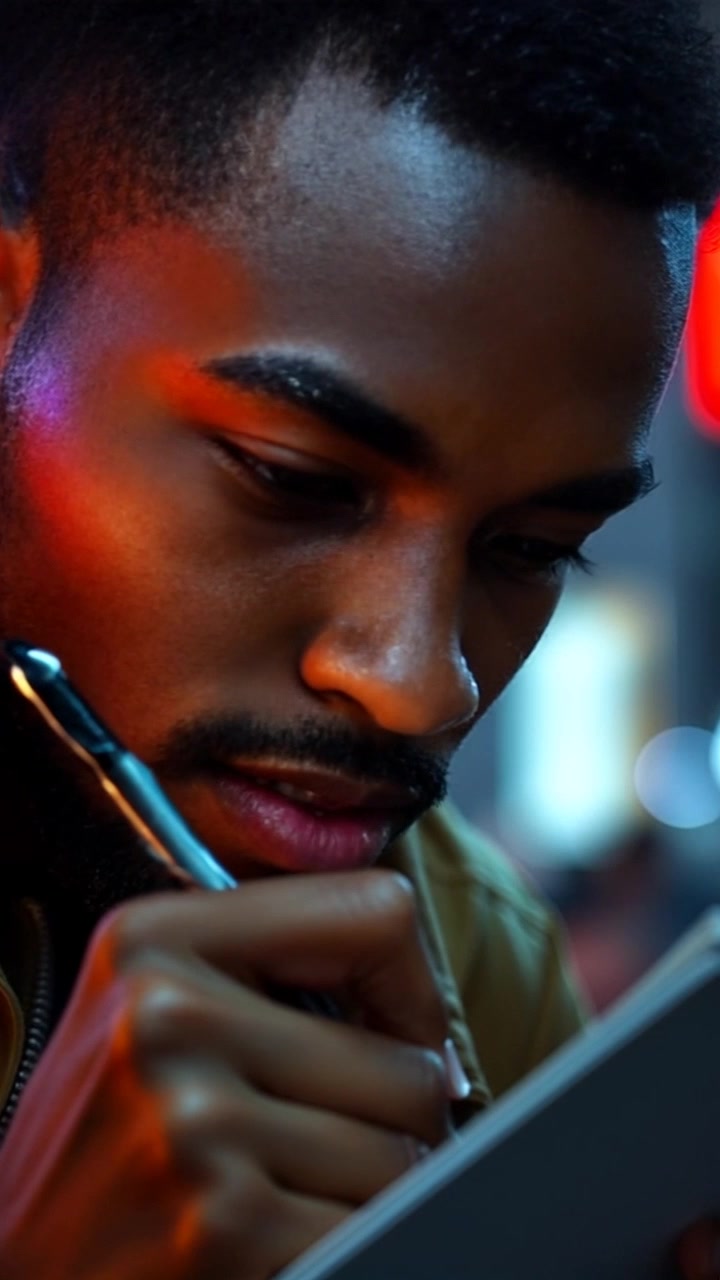 Subject: An individual focused and serious while writing a letter. Scene: Close-up shot of the person's hands gracefully moving over the paper, ink flowing smoothly from the pen against a backdrop of warm, ambient lighting. Motion: Camera slowly pushes in to capture the intensity of concentration on their face, highlighting the dedicated effort involved in crafting each word.