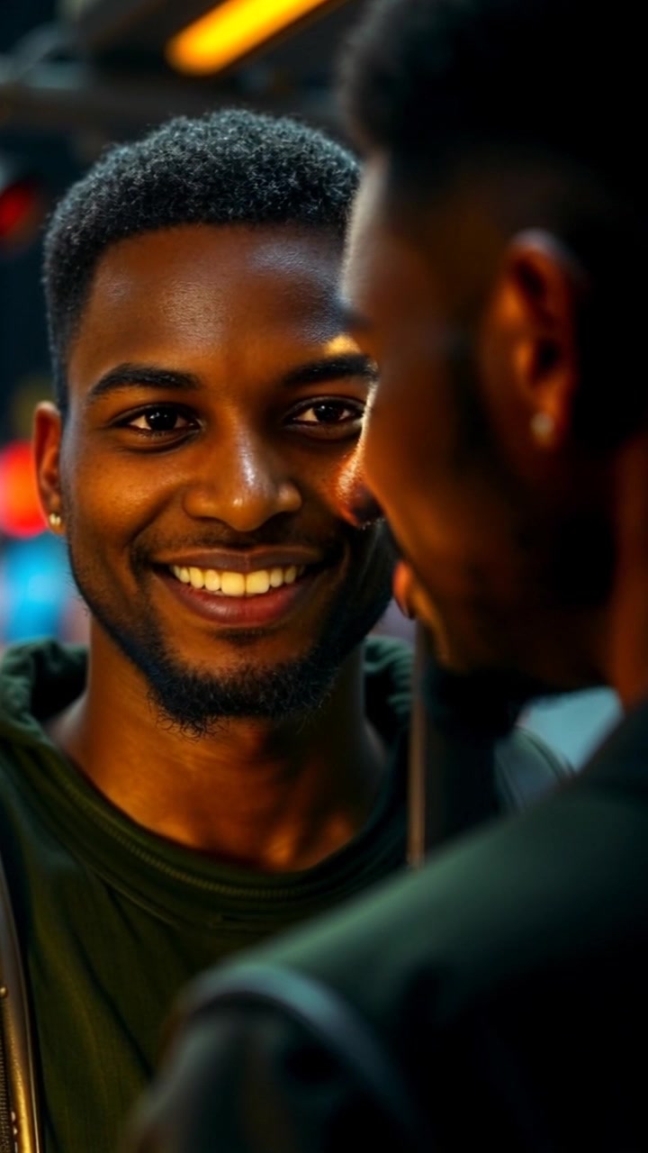 Subject: A young man reflecting in front of a mirror, a confident smile on his face. Subject movement: He stands still, gazing with a look of satisfaction as he remembers his journey. Scene: A cozy bedroom bathed in warm, soft lighting, with personal memorabilia adorning the walls and a glimpse of a comfortable bed in the background. Motion: The camera performs a gentle dolly-in towards the man, capturing the serene atmosphere and emphasizing his expression as he contemplates his past. Style: Warm, inviting lighting that adds a nostalgic glow to the setting.