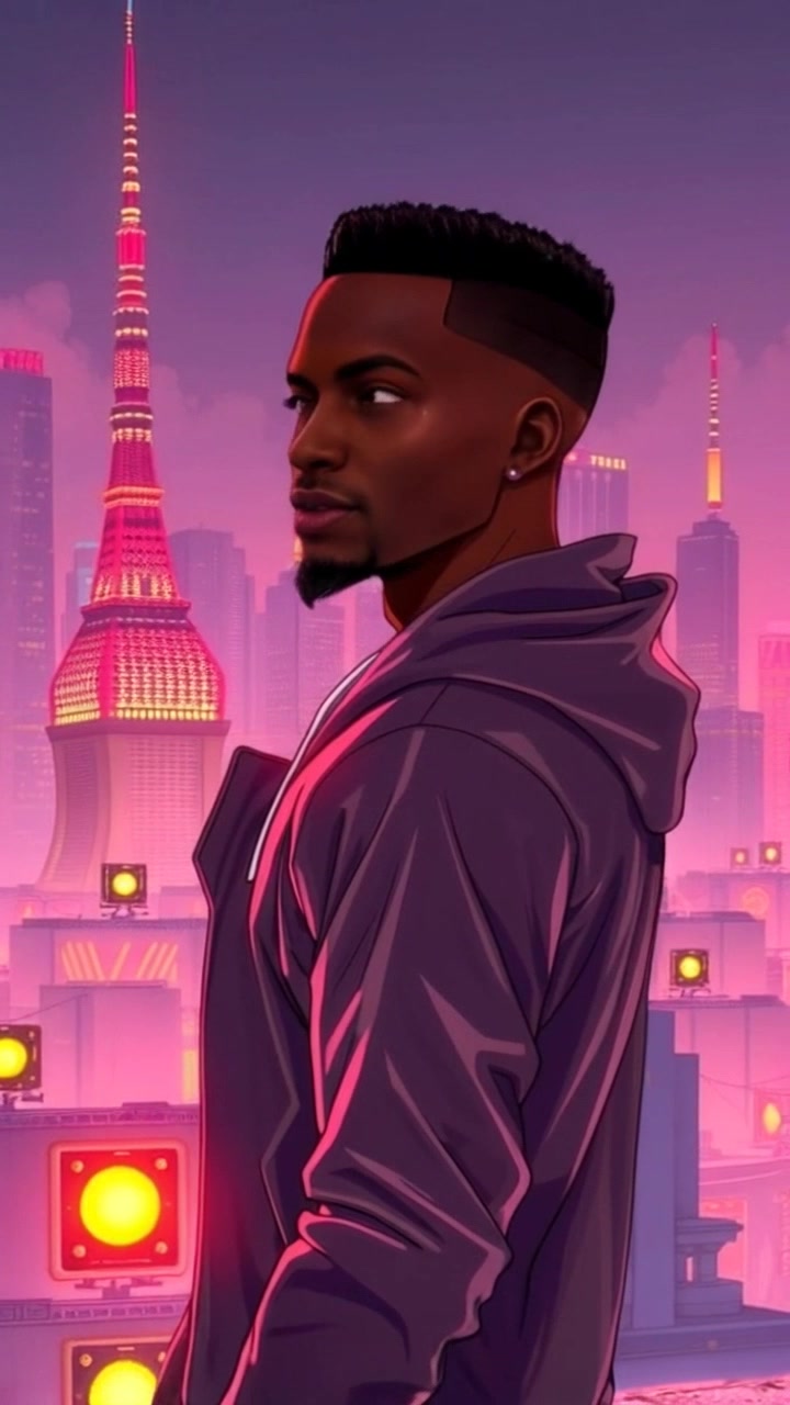 Subject: A young man standing confidently in front of a bustling city skyline. Subject movement: He shifts his weight slightly, glancing around as if absorbing the energy of the city. Scene: A panoramic view of a vibrant city skyline filled with towering buildings and busy streets. Style: The scene is illuminated by warm, late afternoon light, casting long shadows across the pavement. Motion: The camera performs a slow push-in from a wide shot, capturing the transition from the cityscape to his contemplative expression, emphasizing a sense of ambition and possibility.