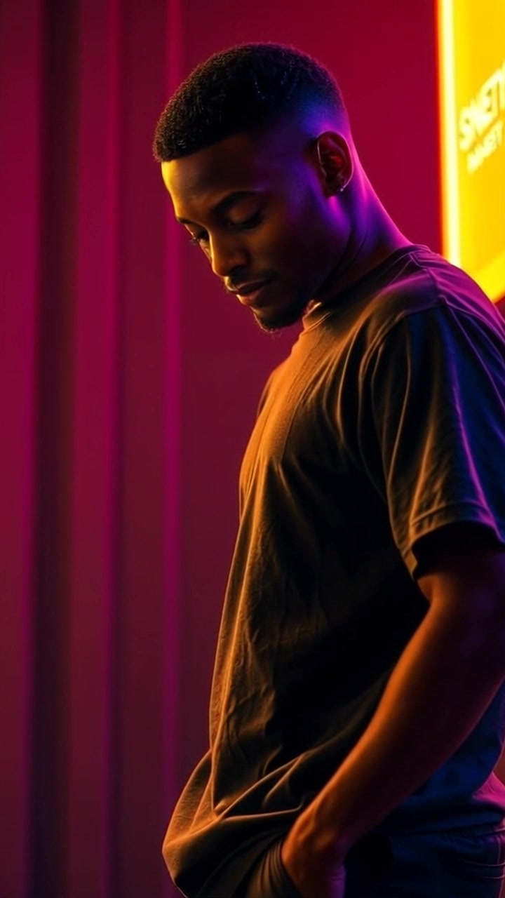 Subject: A young man standing in a dimly lit room, looking down with a sad expression. Scene: A secluded, emotionally charged space that feels intimate and reflective, with shadows playing off the walls. Lighting: Soft, ambient light filtering through a window, casting gentle shadows. Motion: The camera slowly pushes in towards the subject, capturing the depth of sadness in his expression, creating a powerful sense of connection.