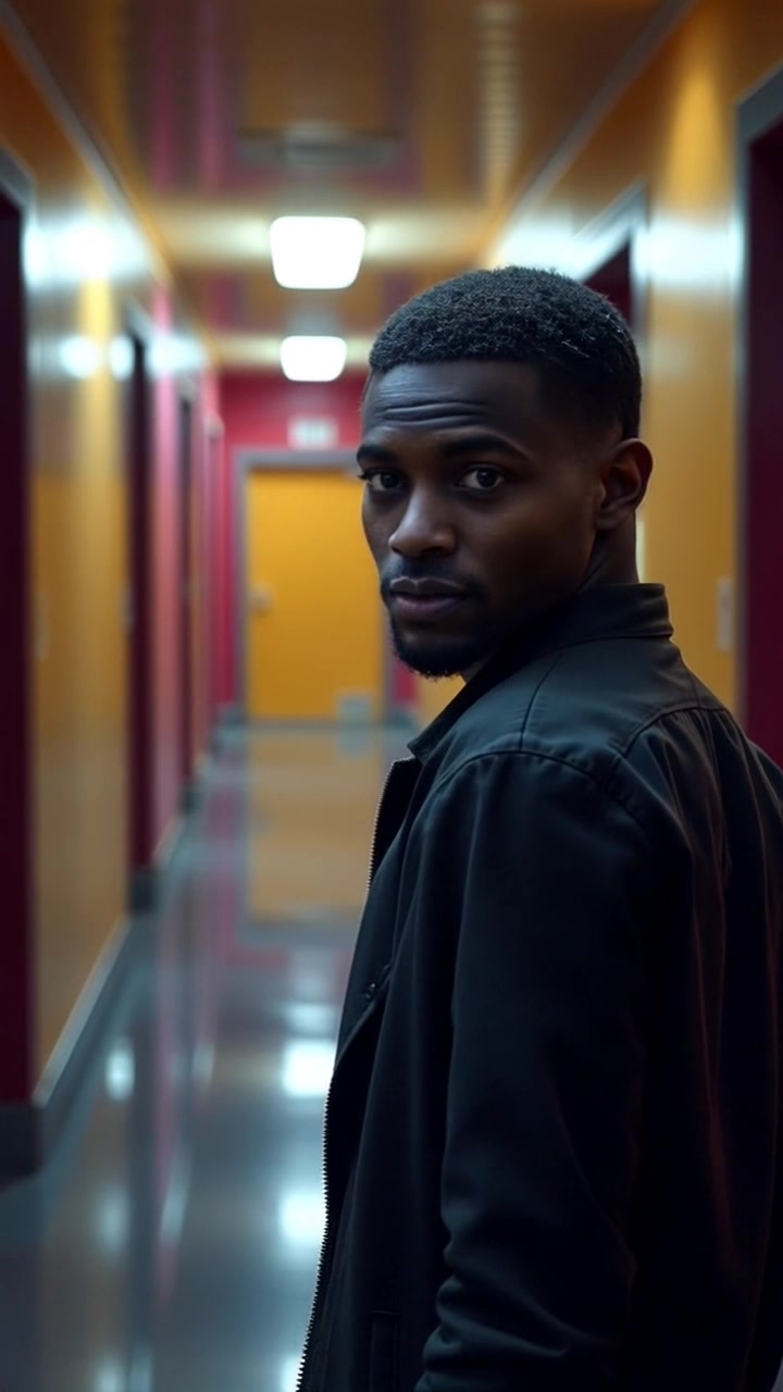 Subject: A person turning around quickly, looking alarmed. Subject movement: The individual spins on their heels, eyes wide with surprise, as if sensing an unexpected presence. Scene: A dimly lit, empty hallway with shadowy corners and the faint glow of overhead lights. Style: Moody lighting that enhances the sense of impending suspense and isolation. Motion: A dramatic panning shot follows the person as they turn, capturing their sudden movement and the eerie atmosphere of the hallway.