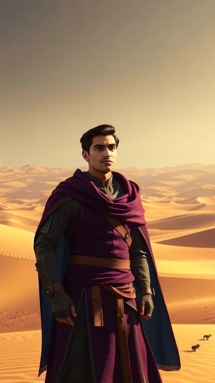 Subject: A determined figure standing in a vast desert. Subject movement: The figure gazes steadfastly into the horizon, briefly shifting weight as a gust of wind rustles the surrounding sand. Scene: Expansive desert landscape with soft, undulating sand dunes disappearing into the distance. Style: Harsh sunlight creating high contrast, with warm golden tones painting the scene. Motion: The camera gradually pushes in closer to the figure, capturing the intensity of the moment as the wind sweeps across the dunes, adding a sense of urgency to the setting.
