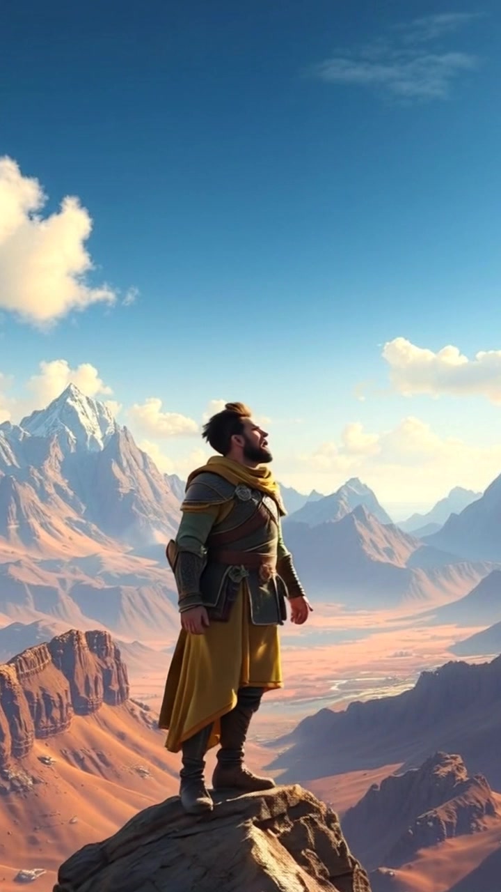 Subject: A figure stands on a cliff edge, passionately shouting into the open sky. Scene: Breathtaking mountain scenery in the background, with rugged peaks contrasting against the vast blue sky. Style: Bright, vibrant daylight with clear visibility emphasizing the dramatic landscape. Motion: The camera zooms in, capturing the figure's energetic stance and voice reverberating through the mountains, then pans out to reveal the stunning view of nature.