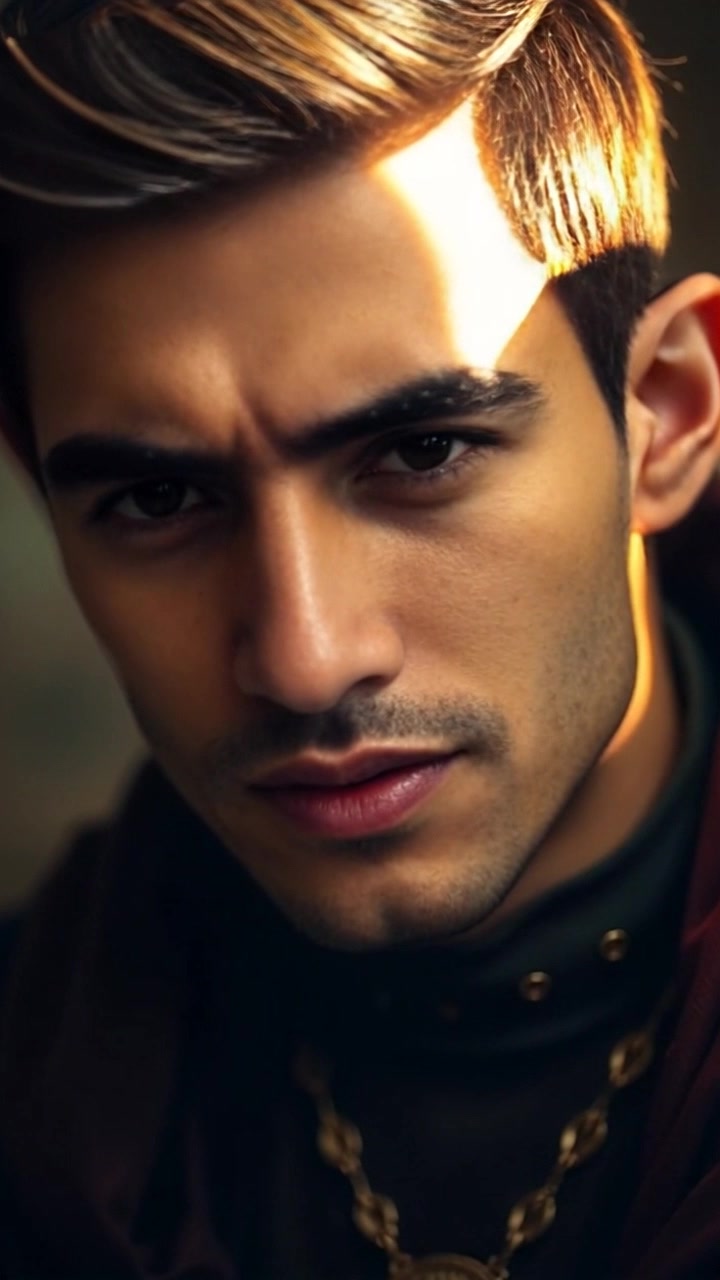 Scene: A close-up of Amir with a serious expression, illuminated by warm light surrounding his face. Style: The lighting creates a soft, inviting atmosphere with a rich glow. Motion: The camera gently pushes in, capturing the intensity of Amir's expression, while a delicate bokeh effect blurs the background, enhancing his focus.