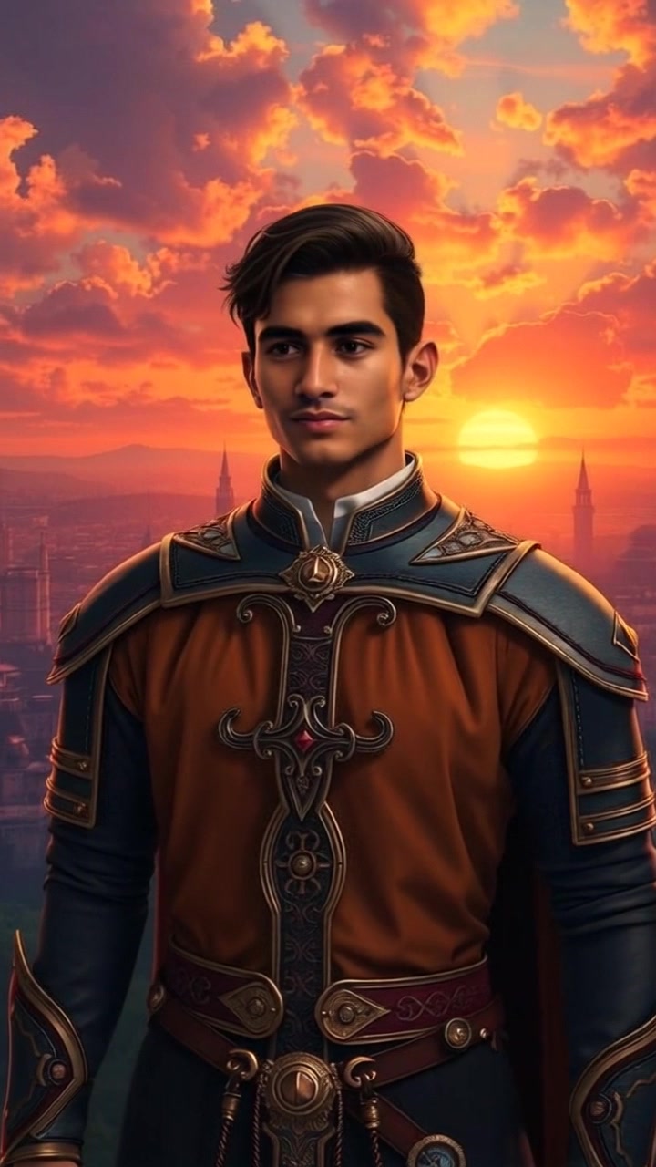 Subject: A person standing confidently, overlooking a vibrant city skyline at sunset with a peaceful expression. Subject movement: The individual shifts slightly, adjusting their posture as they gaze into the distance. Scene: A stunning city skyline bathed in warm, golden hues of the setting sun, with silhouettes of tall buildings against a vibrant sky. Style: Warm sunset lighting that enhances the vibrancy of the city. Motion: The camera slowly pushes in, creating an intimate atmosphere as it captures the person and the breathtaking skyline behind them, highlighting the tranquility and beauty of the moment.