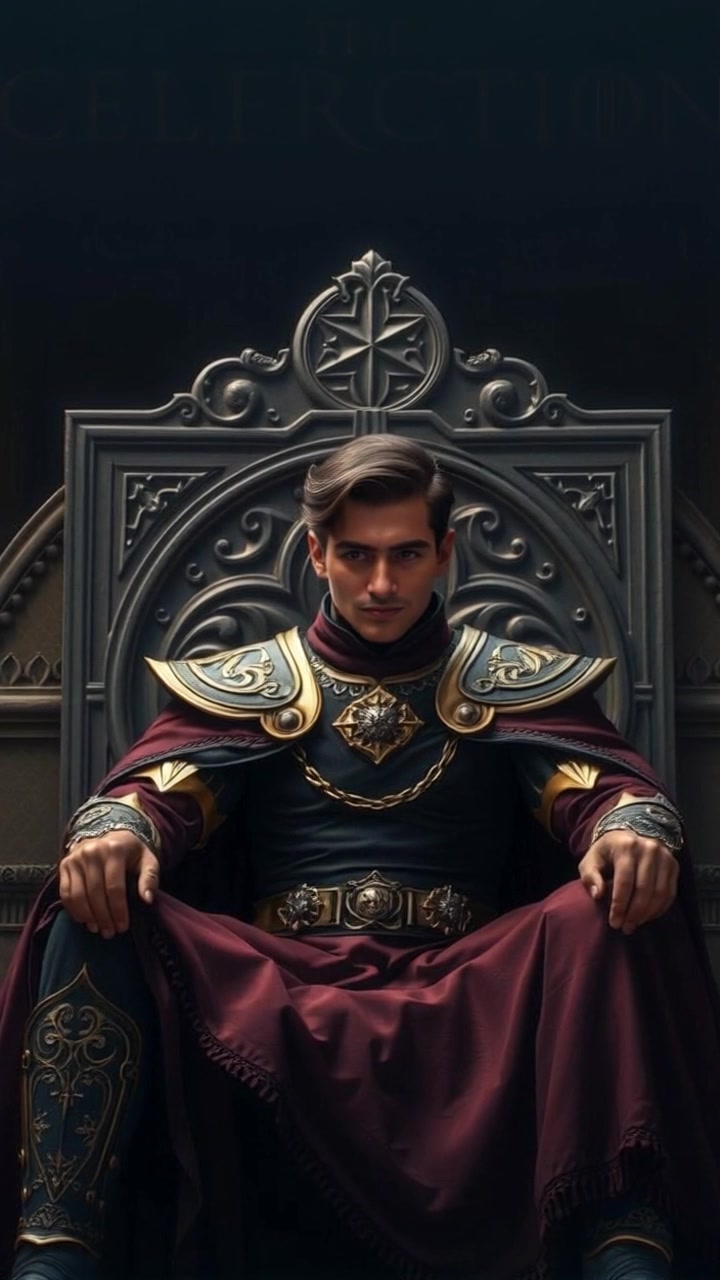 Subject: A regal figure seated on a grand throne, exuding an air of authority yet displaying a somber expression. Scene: An opulent palace interior adorned with rich tapestries and intricate gold embellishments. Style: Soft, ambient lighting casts gentle shadows, enhancing the mood of solemnity. Motion: The camera begins with a close-up of the figure's face, capturing the depth of emotion, then slowly pulls back to reveal the lavish surroundings, emphasizing the contrast between the grandeur of the throne and the figure's pensive demeanor.