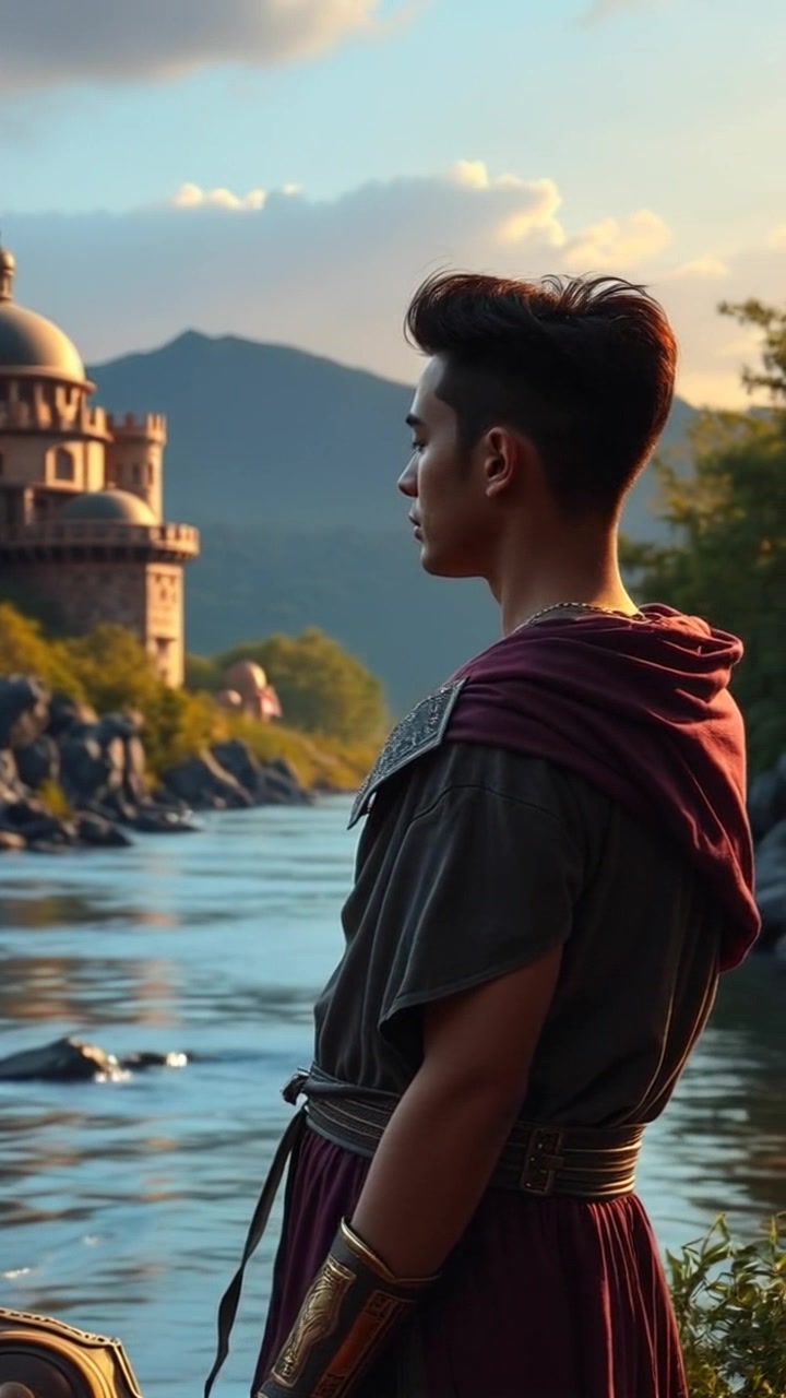 Subject: A young man standing at the riverbank, looking contemplative. Subject movement: He gently shifts his weight from one foot to the other, glancing occasionally at the flowing water. Scene: A serene riverbank surrounded by lush greenery, with soft ripples in the water reflecting the dappled sunlight. Style: Warm, inviting light filters through the trees, creating a peaceful ambiance. Motion: The camera slowly pushes in towards the man, capturing his reflective expression as the water flows softly behind him.