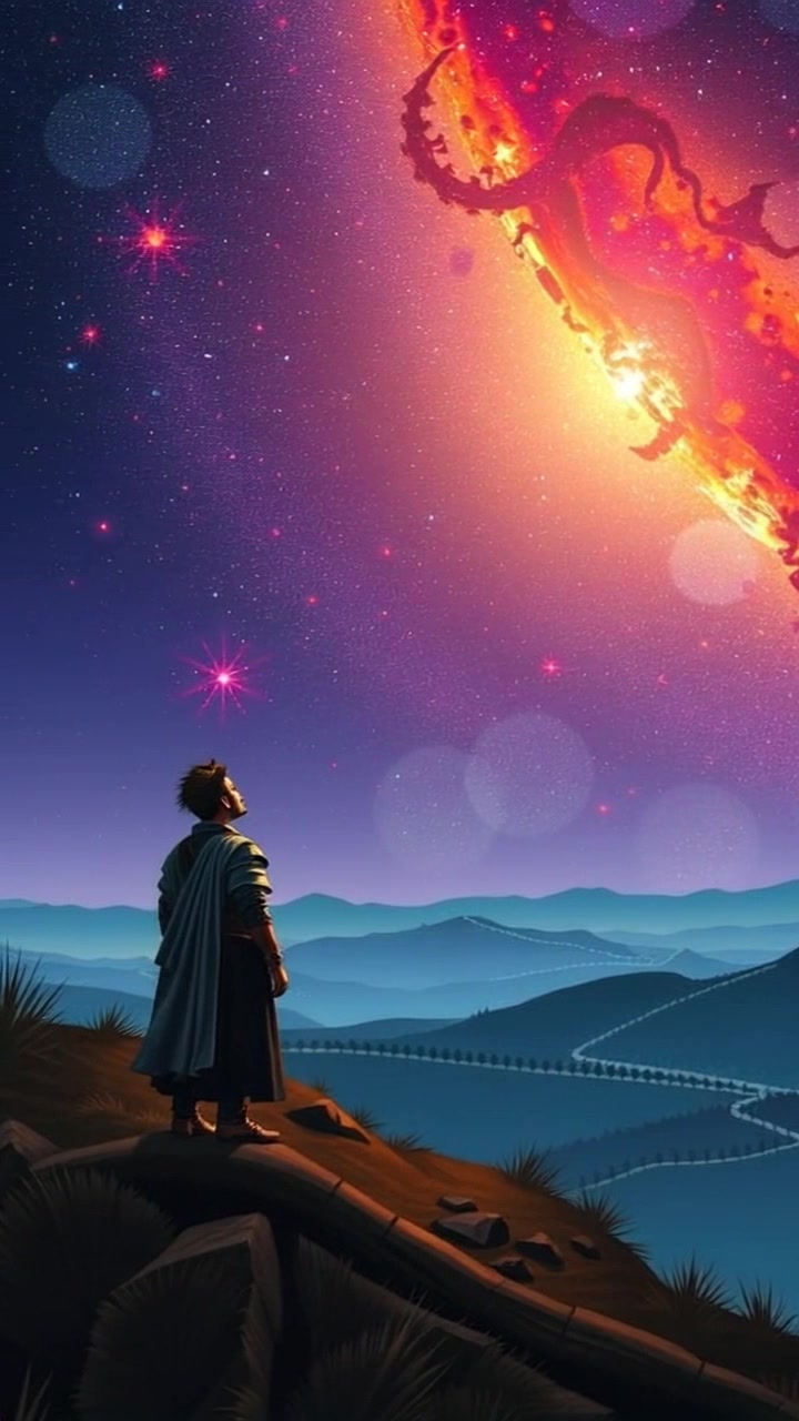 Subject: A solitary figure standing atop a hill at night. Subject movement: The Amir gazes upward, breathing deeply with stillness, lost in thought as the stars twinkle above. Scene: A serene hilltop under a vast, starry sky, distant mountains silhouetted in the background. Style: Soft, ambient moonlight creates a tranquil atmosphere, enhancing the brilliance of the stars. Motion: The camera slowly dolly's in from a distance, capturing the Amir's silhouette against the expansive night sky, as the stars shimmer above.