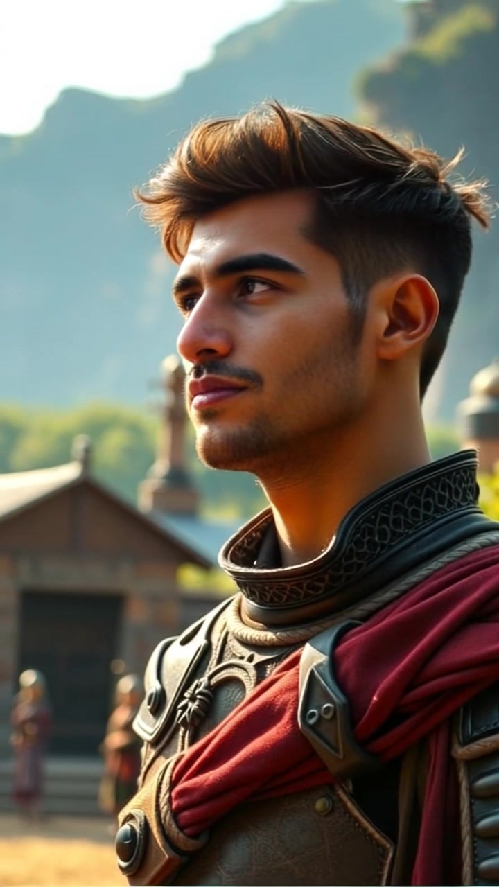 Subject: Amir standing contemplatively in a village. Subject movement: Amir slowly turns his head to the left, scanning the serene landscape around him. Scene: A quaint village with traditional houses and lush greenery stretching into the horizon. Style: Soft, early morning light illuminating the scene with gentle hues. Motion: The camera does a subtle push-in towards Amir's face, focusing on his expression as he reflects. The background softly blurs, creating a dreamy effect that enhances the atmosphere of contemplation.