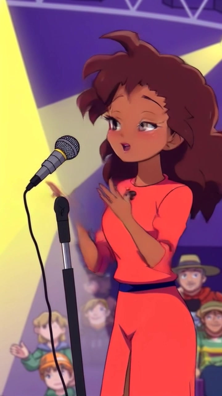Subject: A confident speaker, Nia, at the microphone. Subject movement: Nia gestures emphatically, expressing her passion as she addresses the audience. Scene: Nia stands at the microphone in a well-lit auditorium, with an engaged audience visible in the background. Style: Bright stage lighting enhancing the atmosphere, capturing the excitement of the moment. Motion: The camera slowly pushes in on Nia as she speaks, then pans to capture the audience's reactions, showcasing their connection to her message.