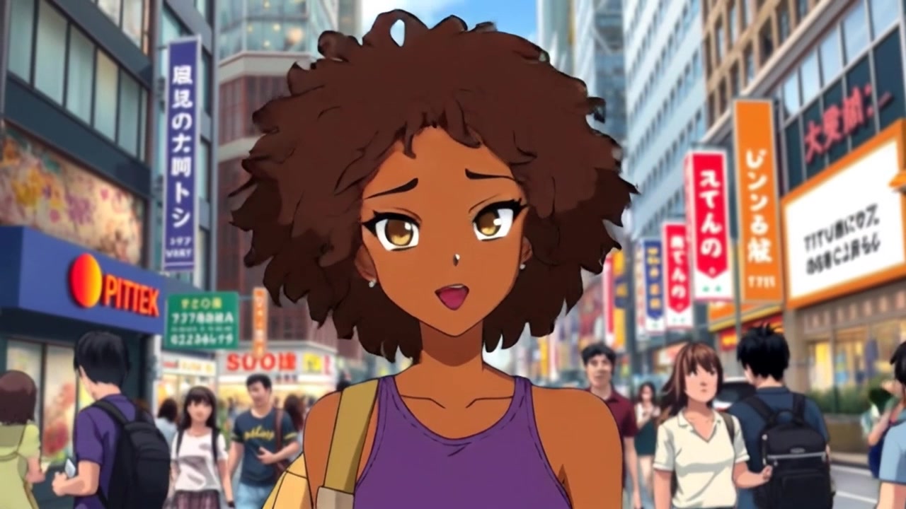 Subject: A young woman confidently walking through bustling city streets. Subject movement: She strides purposefully, navigating through crowds of busy pedestrians. Scene: Vibrant urban environment filled with towering buildings and lively city life. Style: Bright, daylight ambiance with shadows cast by the tall structures. Motion: Handheld camera tracking shot closely following as she moves forward, weaving between people, capturing the dynamic energy of the city.
