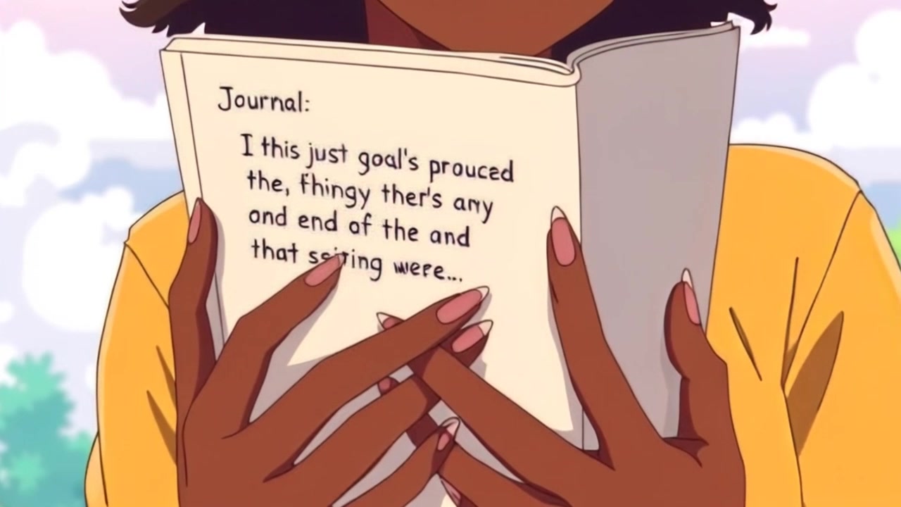 Scene: A close-up of a pair of hands intently holding a journal, its pages filled with handwritten notes about personal goals. Style: Soft, ambient lighting creates a warm and inviting atmosphere as the focus drifts to the details in the notebook. Motion: The camera gently pushes in, capturing the intricate details of the notes while subtly shifting to reveal the hands' delicate movements, as if the person is about to turn the page.