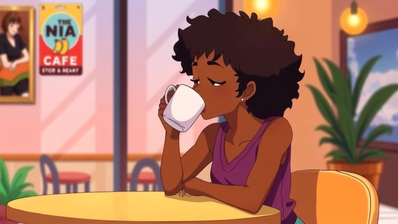 Subject: A thoughtful person sitting at a café table, holding a cup of coffee. Subject movement: She gently lifts the cup to her lips, gazing out contemplatively. Scene: An inviting café ambiance, with rustic wooden tables, soft background chatter, and scattered greenery. Style: Warm, morning light illuminates the scene, creating a cozy atmosphere. Motion: The camera begins close-up on the coffee cup, then smoothly pulls back to reveal the entire table setting and the person, capturing the intimate café vibe.