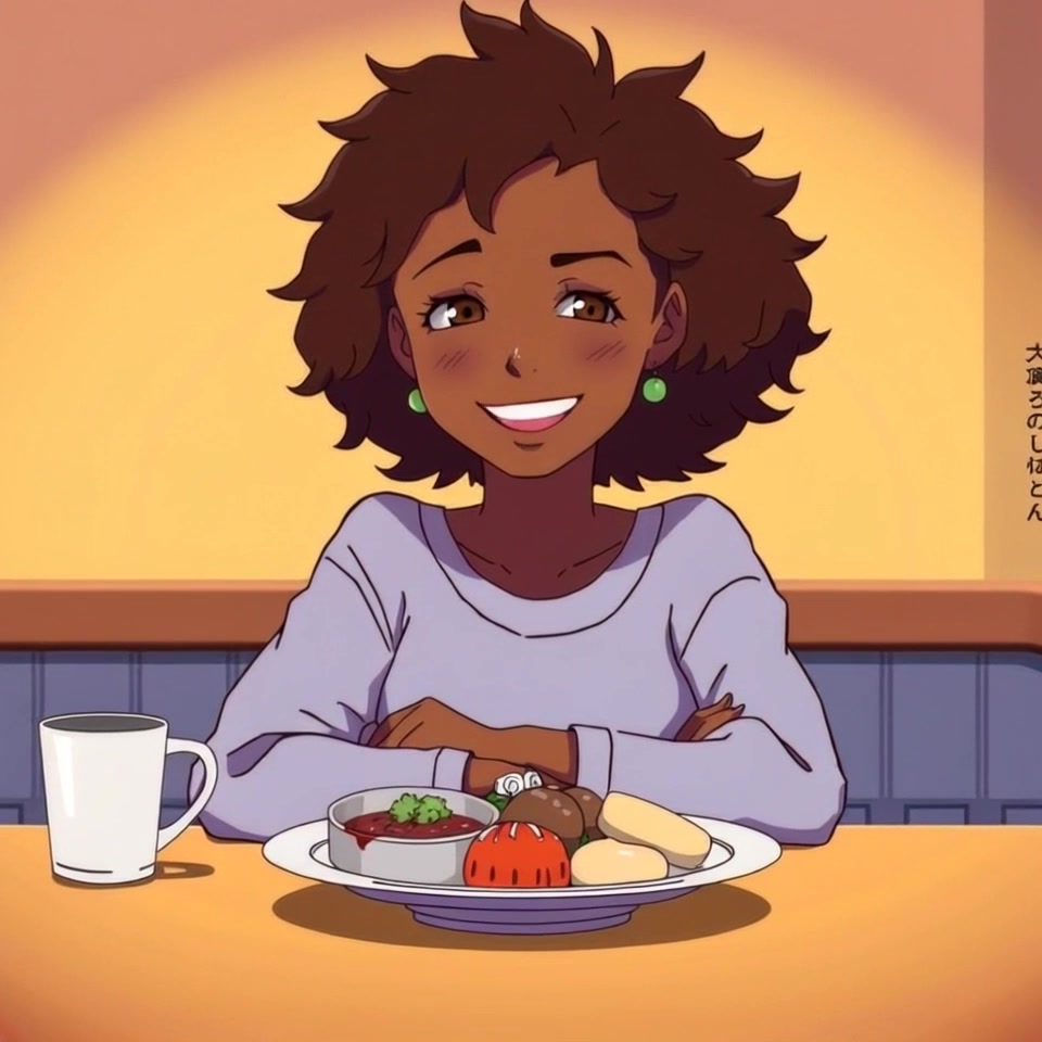 Subject: A cheerful individual sitting at a dining table. Subject movement: Nia smiles warmly at the camera, occasionally glancing at her plate and then back to the lens with genuine joy. Scene: Cozy dining room filled with soft, natural light from a nearby window, decorated with plants. Style: Warm ambient lighting creates an inviting atmosphere, enhancing the glow of the food on the table. Motion: The camera smoothly pushes in for a closer, intimate view of Nia's expression and the vibrant dish in front of her.
