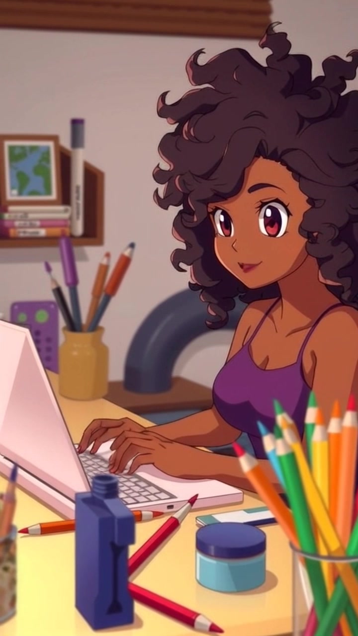 Subject: A creative individual typing on a laptop at a colorful desk. Subject movement: Fingers dancing across the keyboard as the individual focuses intently on the screen. Scene: A vibrant workspace filled with scattered art supplies, reflecting a lively and immersive creative process. Style: Ambient lighting that highlights the colors of the art materials, creating an inviting atmosphere. Motion: Camera gently pushes in on the desk, capturing the details of the art supplies and the individual's engaged expression.