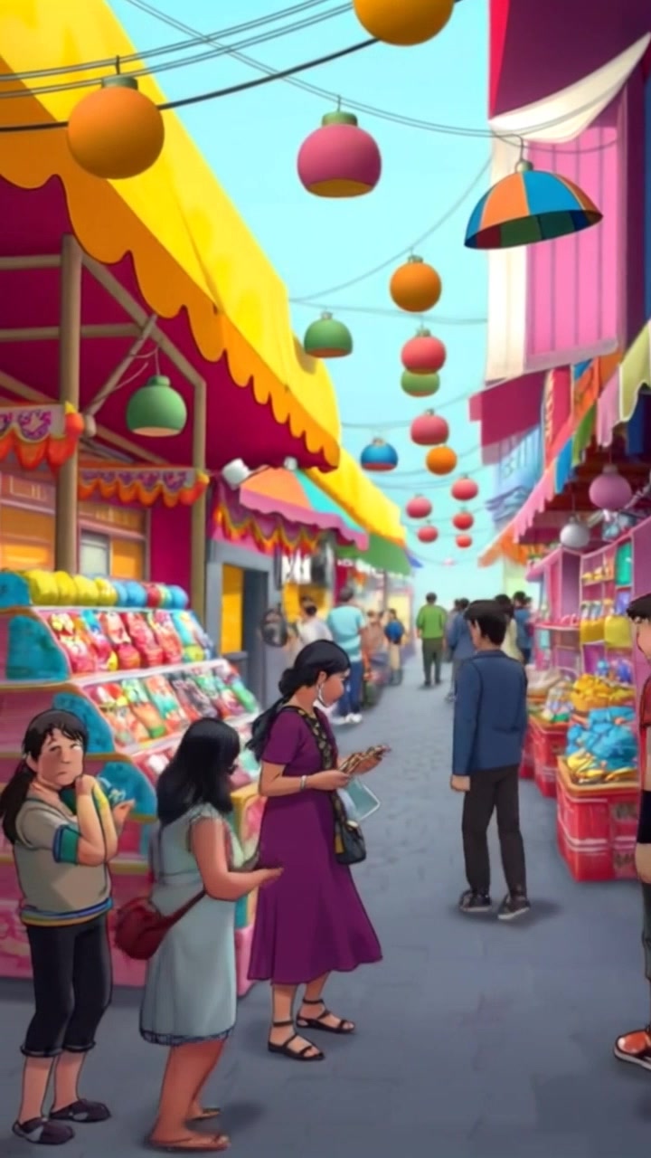 Scene: A busy marketplace filled with colorful stalls, bustling with life as people browse a variety of goods. Style: Bright, vibrant lighting illuminating the scene, creating a lively atmosphere. Motion: The camera moves dynamically through the crowd, weaving between shoppers while capturing the energy of the market as different interactions unfold.