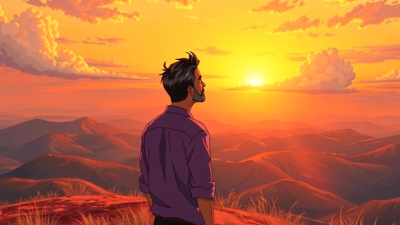 Subject: Raj standing on a hilltop at sunset, gazing out over a vast landscape with open skies. Subject movement: He stands still, his silhouette softly illuminated by the warm glow of the setting sun, reflecting a deep sense of love and contemplation. Scene: The hilltop overlooks rolling hills and distant mountains bathed in golden light, dotted with wispy clouds. Style: Warm sunset lighting envelops the scene in a serene, inviting atmosphere. Motion: Camera begins with a close-up on Raj's profile, then slowly pushes back to reveal the expansive landscape behind him, capturing the beauty of the moment.