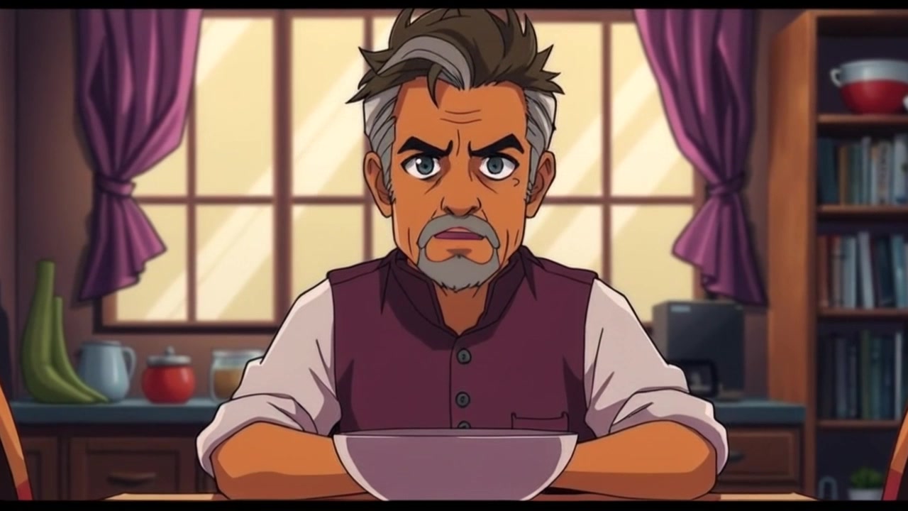 Scene: A dimly lit kitchen with warm wooden tones, where Raj sits at a rustic table, his expression conveying concern as he stares at a bowl in front of him. Style: Soft, ambient light filtering through the shadows, creating a moody atmosphere. Motion: The camera slowly pans in toward Raj, capturing the tension in his face and the intricacies of the kitchen's inviting decor.