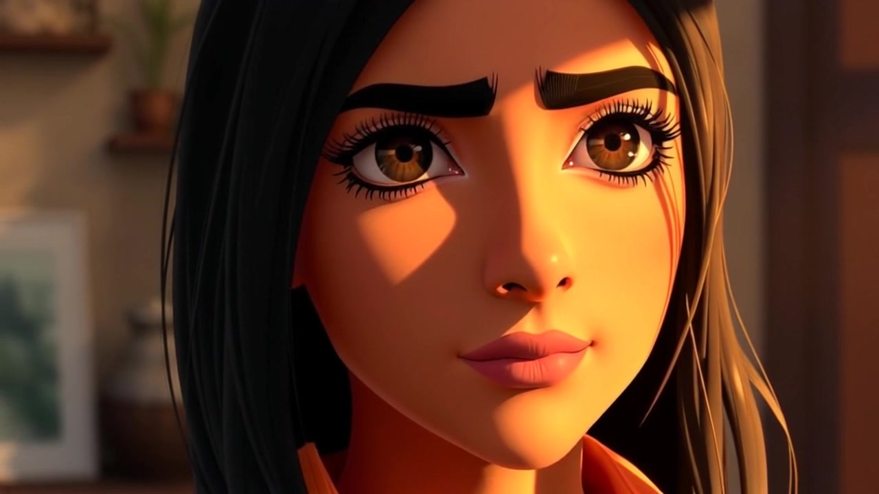 Scene: A close-up of a serious expression on Priya's face, with warm sunlight illuminating her features. Style: The soft, golden illumination enhances her features, creating an inviting yet introspective atmosphere. Motion: Camera slowly pulls back from the close-up, gradually revealing more of the surrounding environment while maintaining focus on Priya.