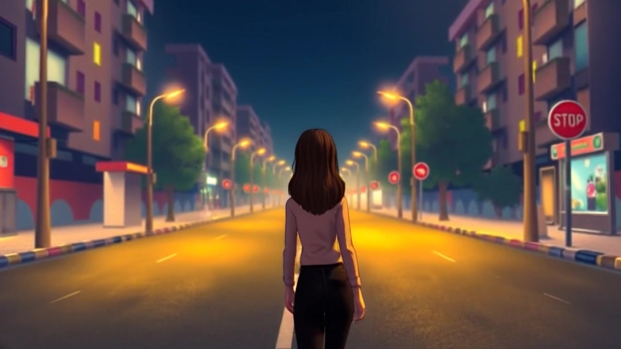 Subject: A figure walking away. Subject movement: Priya strides purposefully down a deserted street at night, the warm glow of streetlights casting long shadows behind her. Scene: A quiet, urban street devoid of people, illuminated by soft yellow streetlight against a dark night sky. Style: Cool, moody lighting creating a sense of solitude and introspection. Motion: The camera tracks smoothly from behind as Priya walks away, gently pushing out to reveal the desolate street stretching into the distance.