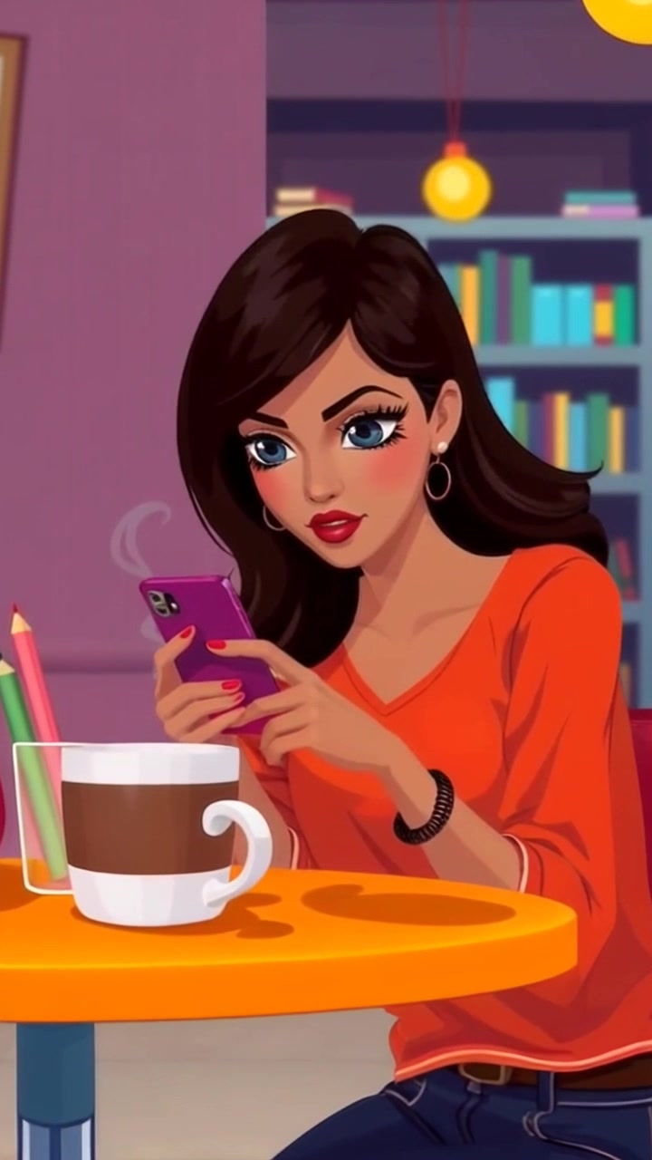 Subject: A determined individual sitting at a café table with a coffee cup, focused on their phone. Subject movement: They lean slightly forward, raising the phone closer to their face while their expression shows determination. Scene: Charming café setting with soft, warm colors and outdoor scenery visible through large windows. Style: Morning light illuminating the scene, creating a warm and inviting atmosphere. Motion: Camera slowly pushes in, capturing the subject's focused expression as the background gently blurs out, enhancing the feeling of concentration.