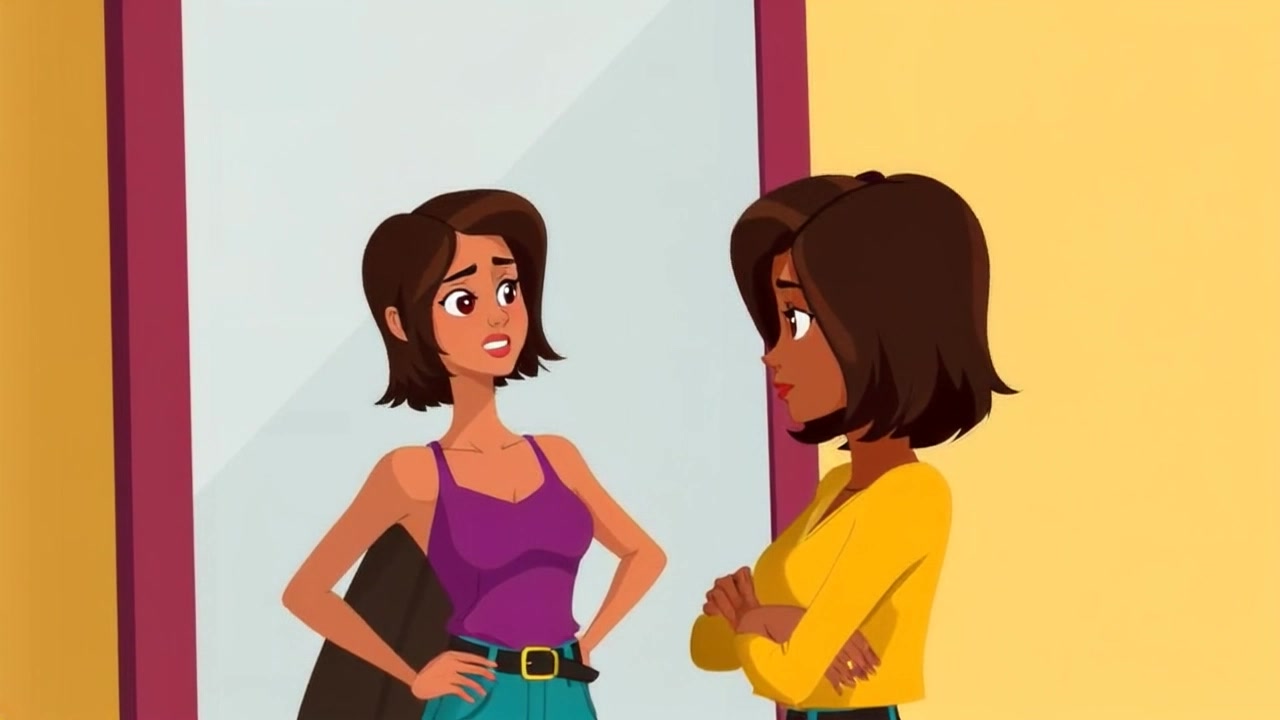 Subject: A young adult adjusting her outfit nervously in front of a full-length mirror. Subject movement: She makes subtle movements, straightening her collar and smoothing down her clothes. Scene: A cozy bedroom with pastel-colored walls, a neatly made bed in the background, and soft light filtering through sheer curtains. Style: Warm, inviting lighting that enhances the relaxed ambiance of the room. Motion: The camera moves in slowly from a side angle, capturing her reflection in the mirror, before panning out to reveal the entire scene, emphasizing the personal moment.