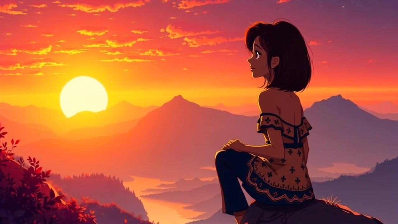 Subject: A figure sitting on a rock, gazing contemplatively at the vibrant sunset. Scene: Serene landscape at dusk, the sky ablaze with hues of orange and purple, surrounded by rolling hills and lush greenery. Motion: The camera slowly pushes in, capturing the tranquil scene as the sunlight gradually dips below the horizon, casting long shadows and enhancing the tranquil atmosphere.