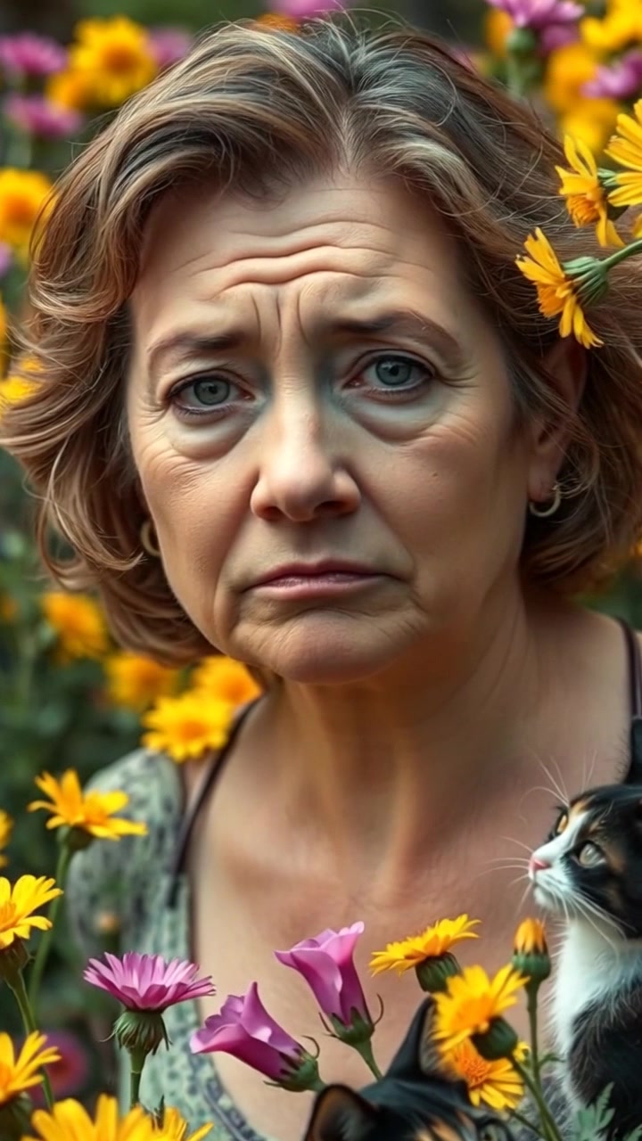 Subject: A woman with a worried expression. Scene: Close-up of her face, surrounded by vibrant blooming flowers in her garden, capturing the contrast between her inner turmoil and the beauty of nature. Style: Soft morning light illuminating the delicate petals and her features, creating a warm, yet anxious atmosphere. Motion: The camera gently pushes in closer to her face, allowing the flower petals to softly sway in the breeze, while her expression reflects a moment of deep concern.