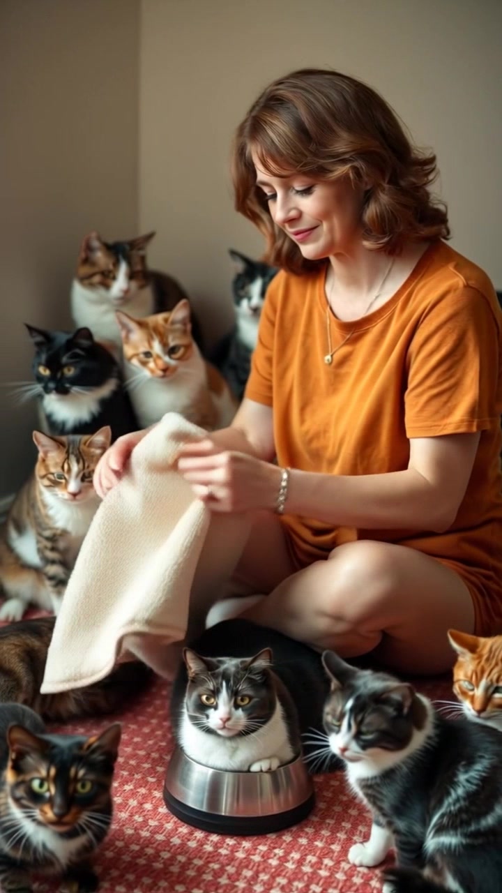 Subject: A woman kneeling on the floor, gently wrapping a soft blanket around a bowl. Subject movement: Slowly, she shifts the blanket over the bowl, cradling it with care. Scene: Cozy living room filled with warm decor, soft cushions, and natural light streaming in through a window. Style: Inviting morning light envelops the room, enhancing the soft textures of the blanket and the warmth of the scene. Motion: Camera starts with a close-up shot of the woman and the bowl, then pans out smoothly to reveal the entire cozy setting, capturing the serene atmosphere.