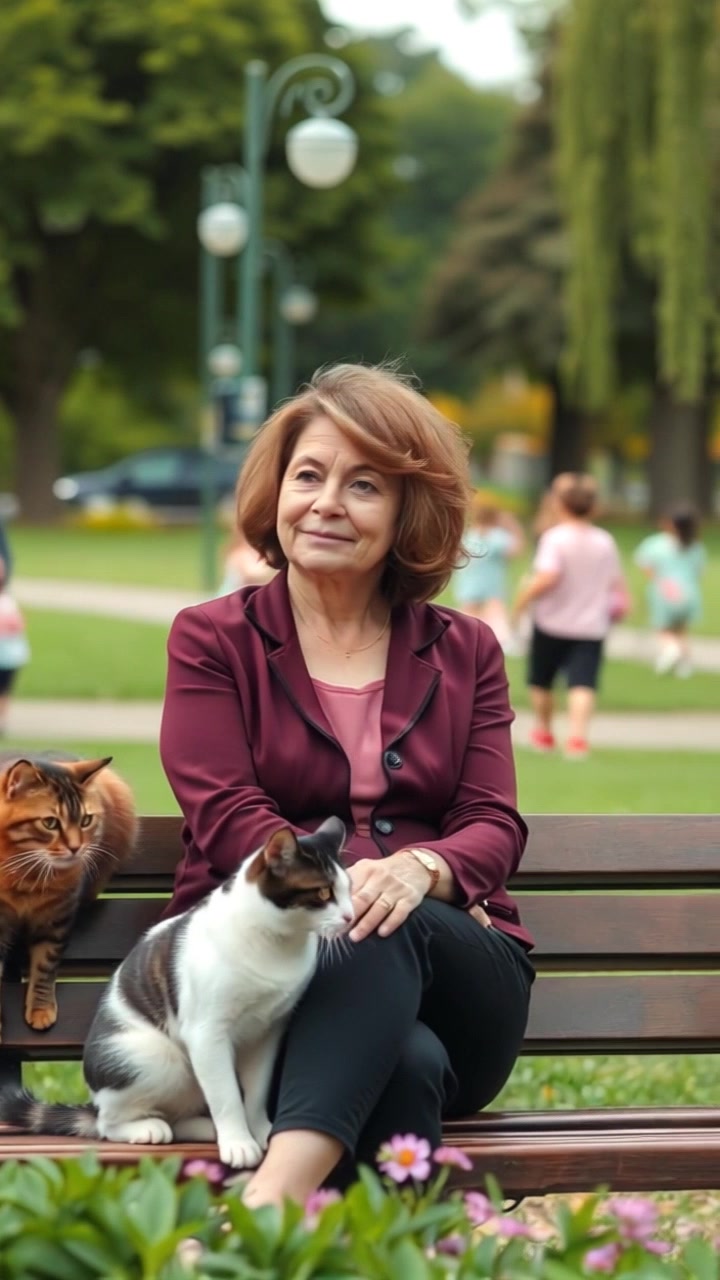 Scene: A serene park setting, with soft green grass and children playing joyfully in the background. Style: Ambient lighting filters through the trees, casting dappled shadows on the ground. Motion: The camera pushes in slowly towards Susan, capturing her peaceful expression as she watches the scene unfold, with gentle focus shifts to the playful children in motion.
