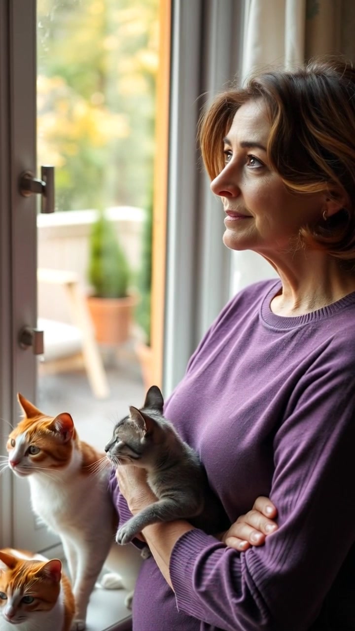 Subject: A thoughtful woman gazing out the window. Subject movement: She remains still, immersed in her reflections amidst the patter of rain. Scene: A cozy living room adorned with warm colors, plush furniture, and soft lighting, as raindrops cascade down the windowpane. Style: Ambient, soft daylight filtering through the clouds, creating a serene and contemplative atmosphere. Motion: The camera slowly zooms in on her serene expression, capturing the peacefulness of the rainy day outside.