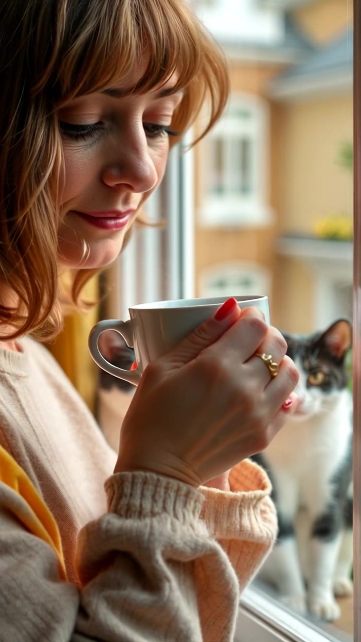 Scene: A cozy, sunlit room with a window showing a garden in full bloom. Style: Soft, warm morning light flooding through the glass, casting gentle shadows. Motion: The camera slowly pushes in, focusing on the teacup while subtly revealing more of the surrounding room, capturing an inviting and tranquil atmosphere.
