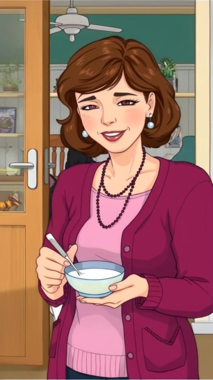 Subject: A person holding a small bowl of milk. Subject movement: The person takes a few steps forward, gently tilting the bowl slightly as they move. Scene: Inside a cozy house with warm, inviting decor, sunlight streams through the window casting soft shadows. Style: Warm morning light creates a cheerful atmosphere, enhancing the inviting feel of the home. Motion: The camera tracks closely as the person walks toward a table, smoothly panning to capture the serene setting and the delicate motion of the bowl.
