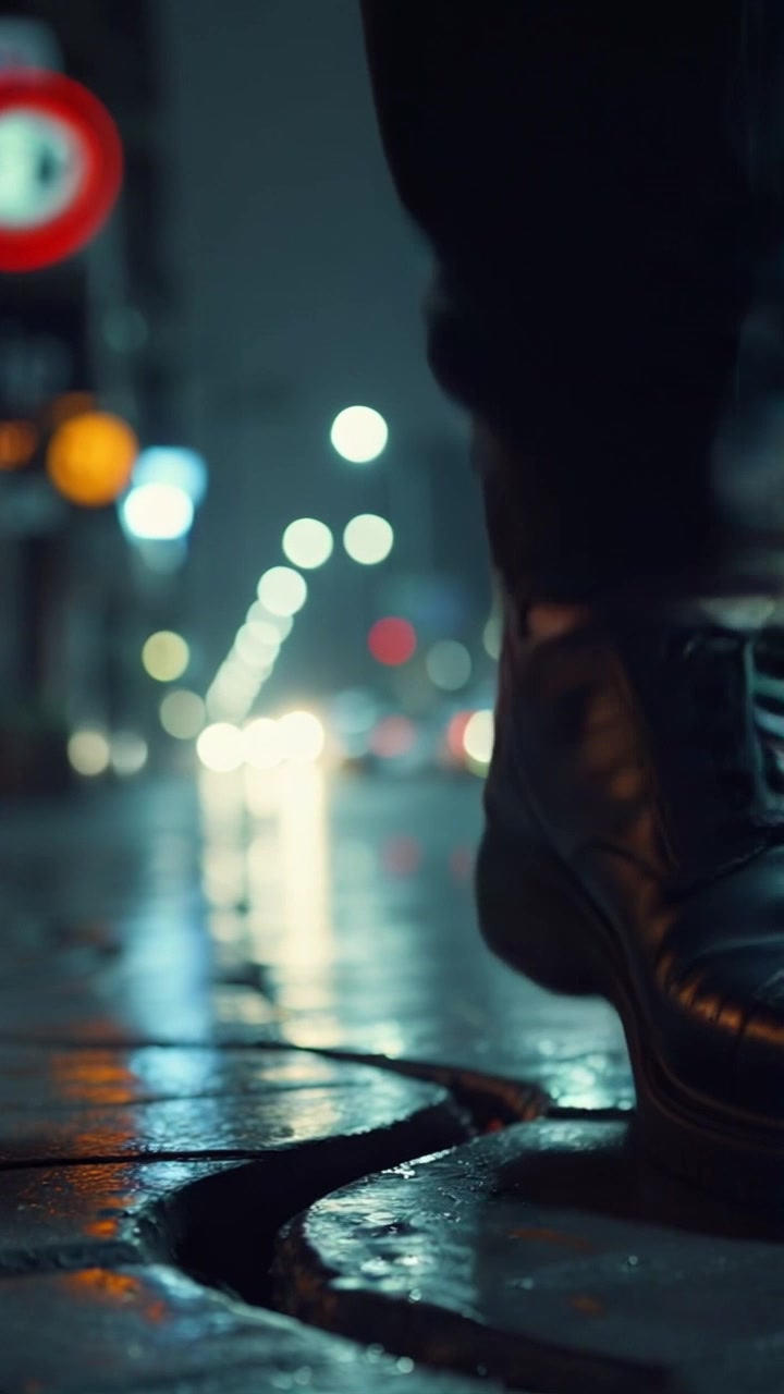 Scene: A close-up shot captures feet halting abruptly on a cracked sidewalk, emphasizing tension and haste. Style: Harsh afternoon light casts sharp shadows on the textured surface, heightening the sense of urgency. Motion: Camera starts with a tight focus on the feet, then quickly pulls back to reveal the surrounding environment, creating a dynamic sense of movement and anticipation.