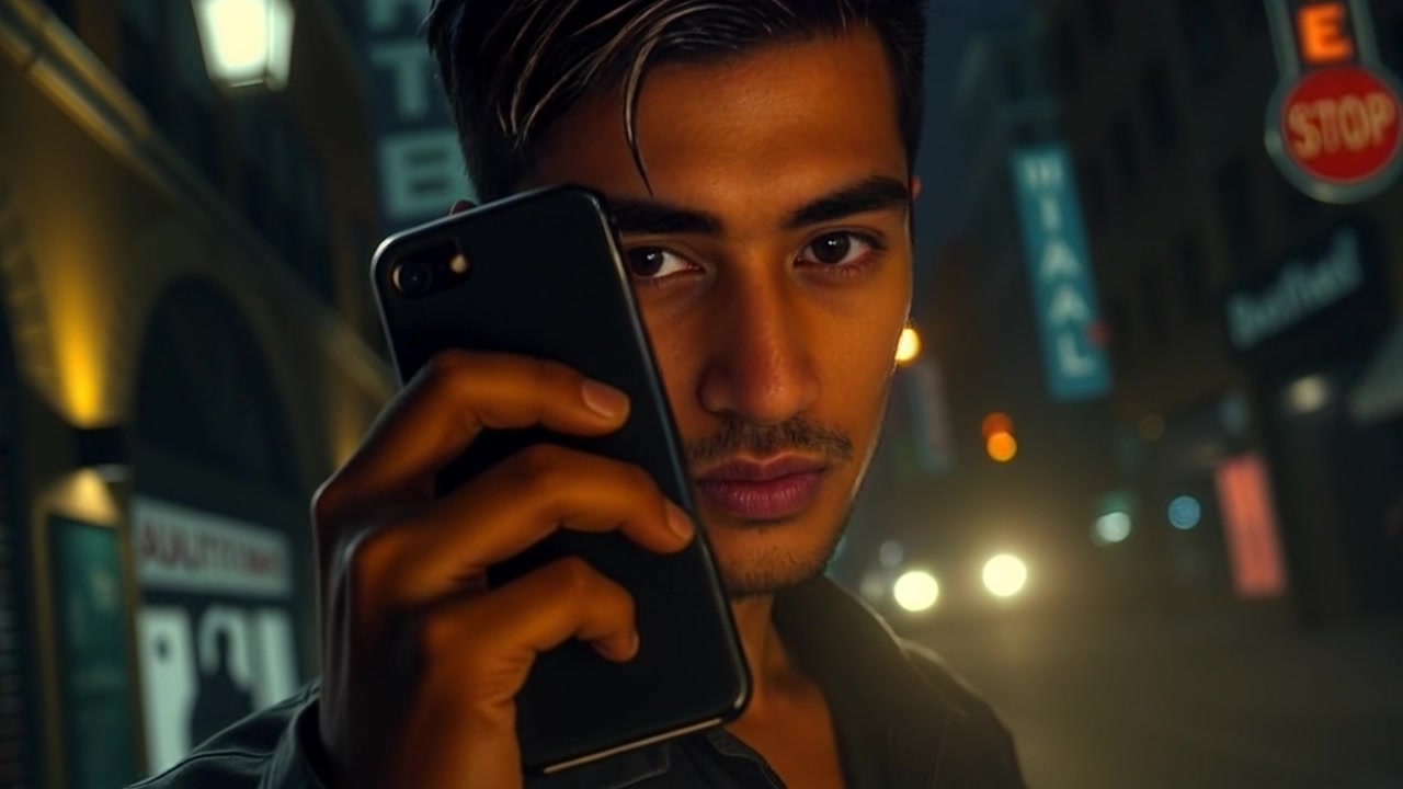 Scene: A close-up of a hand holding a phone with its flashlight piercing through the surrounding darkness, casting a narrow beam of light. Style: The environment is shadowy, creating a stark contrast with the illuminated area, enhancing the sense of mystery. Motion: The camera slowly pushes in on the hand, capturing the flickering glow of the flashlight as the surroundings fade into shadow, creating a suspenseful atmosphere.