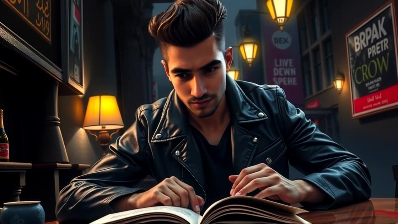 Scene: A dimly lit room with Amir sitting at a table, an open book in front of him, looking tense as shadows flicker against the walls. Style: Atmospheric with low-key lighting that creates a sense of mystery and unease. Motion: Camera slowly pushes in towards Amir's face, capturing his subtle expressions and the tension in the air, before pulling back to reveal the room's ambiance.
