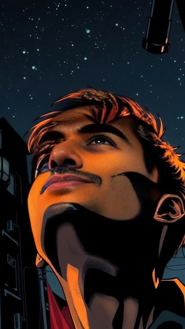 Subject: A figure looking up. Subject movement: The figure slowly tilts their head back, gazing at the vastness of the starry night sky filled with twinkling stars. Scene: A close-up perspective of the figure under a shimmering expanse of stars, with their facial features illuminated softly by the starlight. Style: Ambient lighting creates a serene, tranquil atmosphere, emphasizing the magic of the night sky. Motion: Camera gently pushes in on the figure's face, capturing their expression of wonder as the twinkling stars glimmer above.